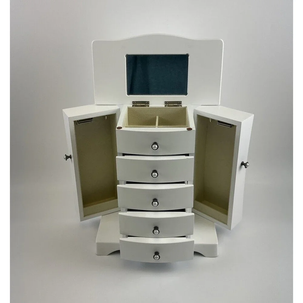 White Solid Wood Jewelry Box Tower Style 4 Drawers Organizer Side Doors Necklace